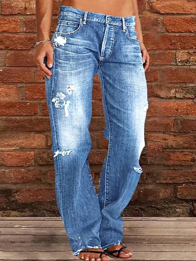 Lose Weite Bein Denim Retro gewaschene zerrissene Hose - Modefluss