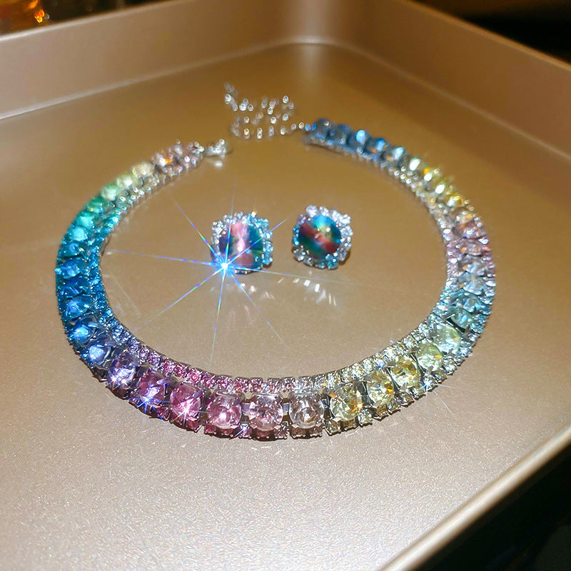 Diamond-embedded Square Earrings Necklace Special Interest Light Luxury Elegant High-grade Clavicle Chain - Modefluss