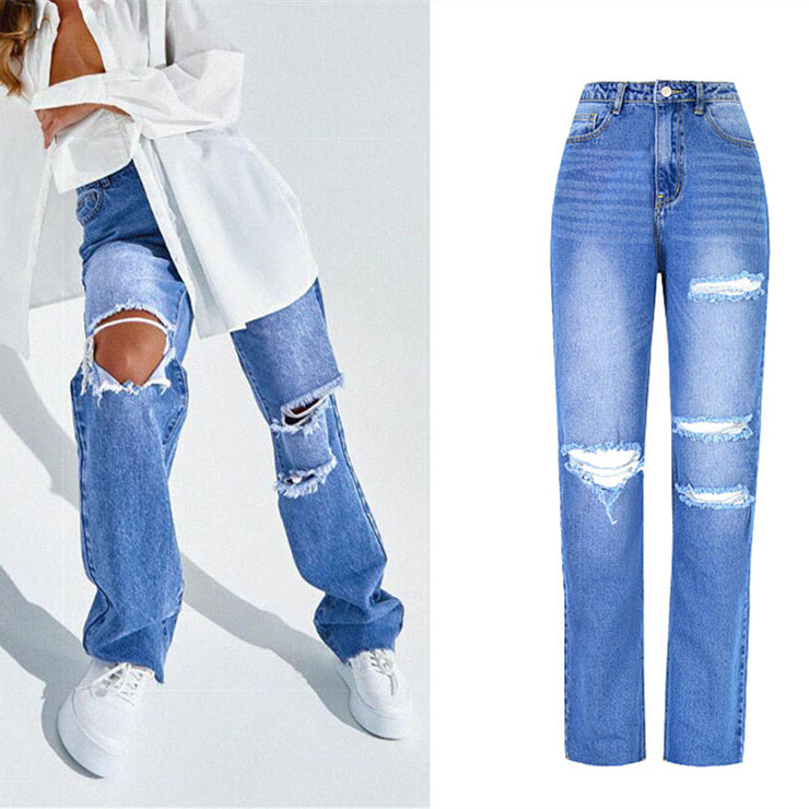 Frauen hohe Taille gerade zerrissene Jeans - Modefluss