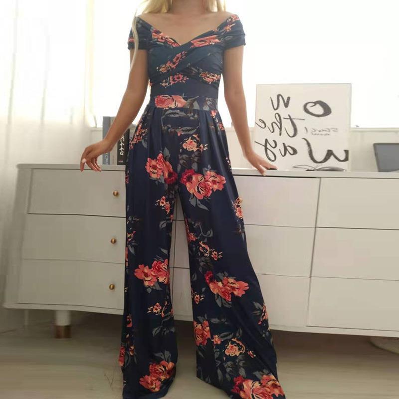 European And American Fashion Off-shoulder Printed Temperament Commute Casual High Waist Jumpsuit Women - Modefluss