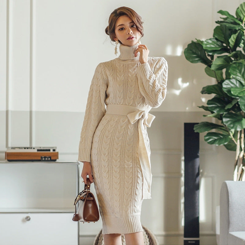 High Collar Twist Lace-up Waist Mid-length Sweater Dress - Modefluss