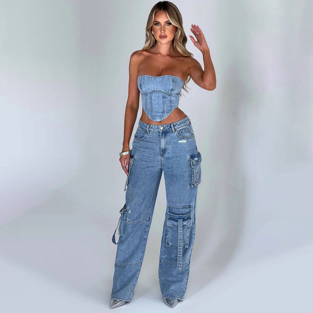 Drei dimensionale Taschen-Stitching-Jeans im amerikanischen Stil mit niedriger Taille - Modefluss