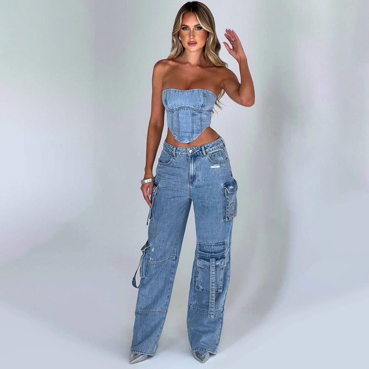 Drei dimensionale Taschen-Stitching-Jeans im amerikanischen Stil mit niedriger Taille - Modefluss