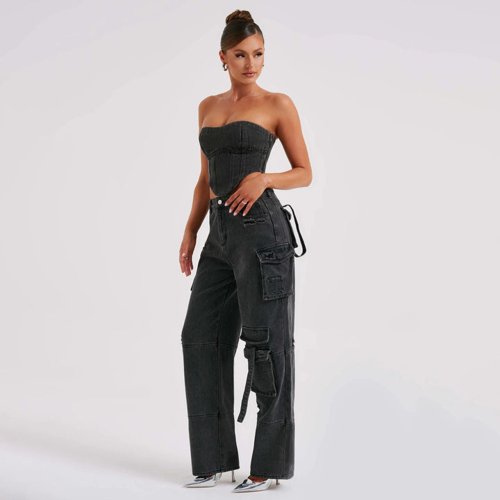 Drei dimensionale Taschen-Stitching-Jeans im amerikanischen Stil mit niedriger Taille - Modefluss