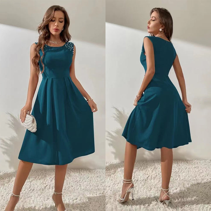 Women's Slim Fitting Round Neck Studded Sleeveless Dress - Modefluss