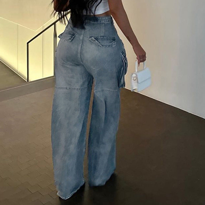 Gerade Jeans mit hoher Taille für Damen große Taschen-Nähte - Modefluss