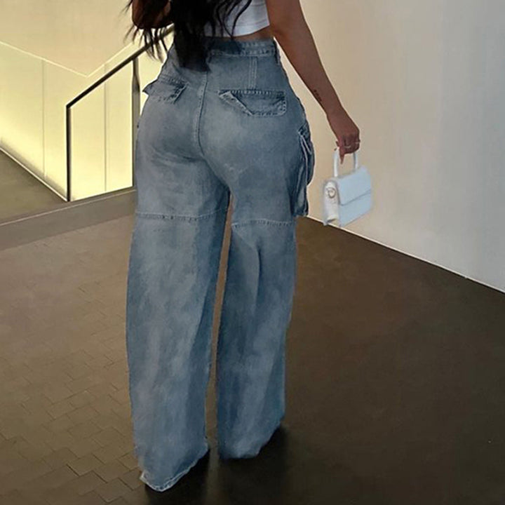 Gerade Jeans mit hoher Taille für Damen große Taschen-Nähte - Modefluss