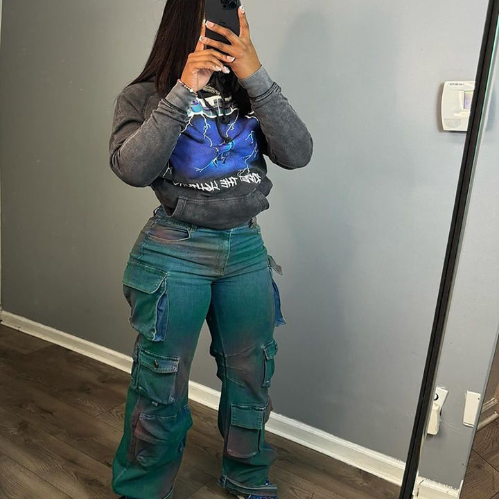 Fashion Personality Trend Multi-pocket Tie-dyed Jeans High Waist Straight Pants - Modefluss
