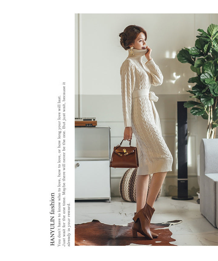 High Collar Twist Lace-up Waist Mid-length Sweater Dress - Modefluss