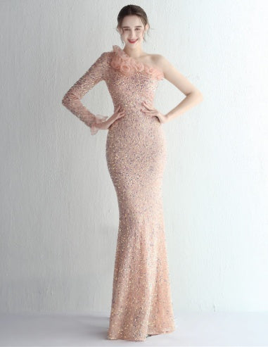 Temperament One-shoulder Long-sleeved Sequined Aura Queen Fishtail - Modefluss
