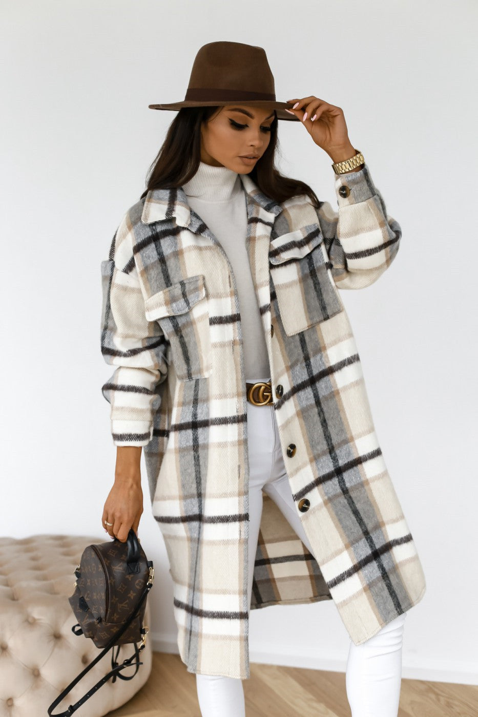 Taste revers casual warme plaid lange woolen mantel - Modefluss