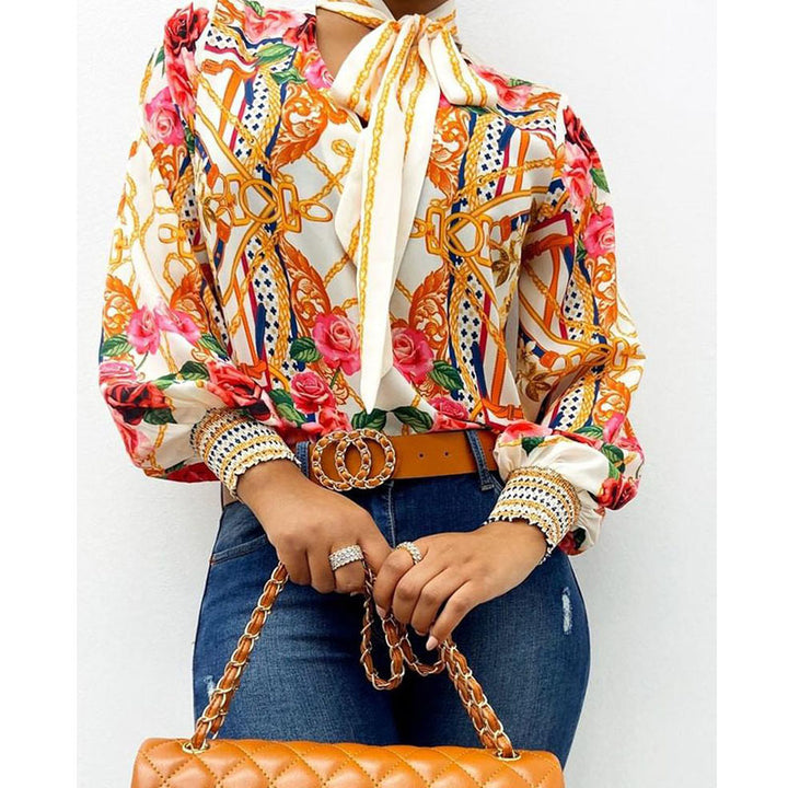 Long Sleeve Printed Top Lace Up Top - Modefluss