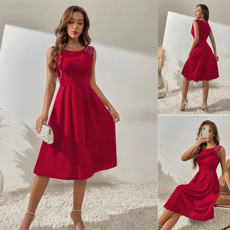 Women's Slim Fitting Round Neck Studded Sleeveless Dress - Modefluss