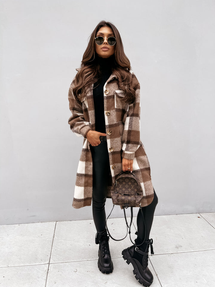 Taste revers casual warme plaid lange woolen mantel - Modefluss