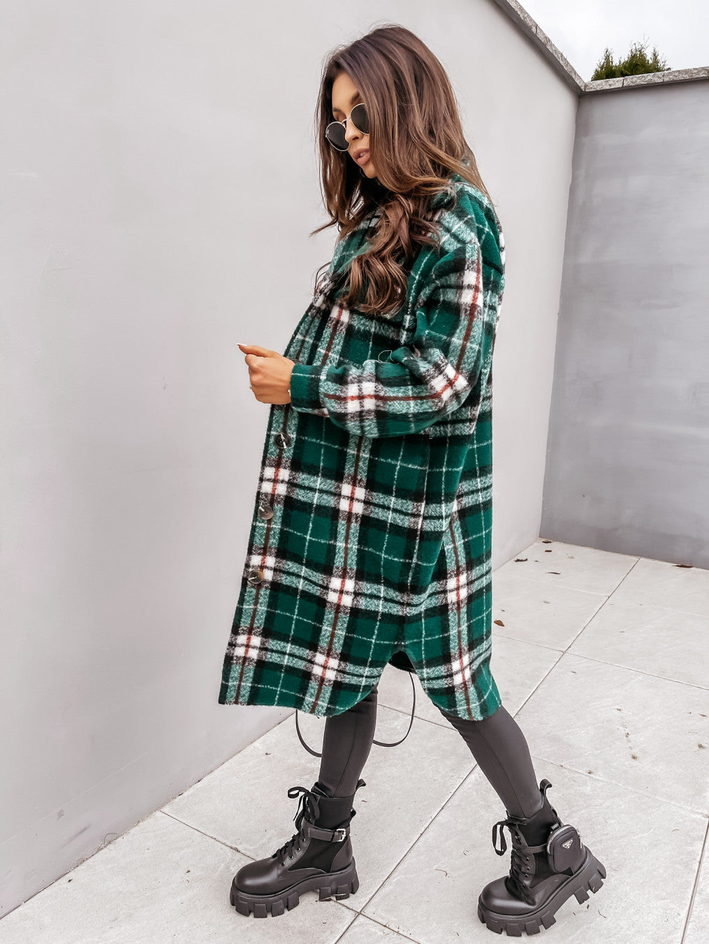 Taste revers casual warme plaid lange woolen mantel - Modefluss