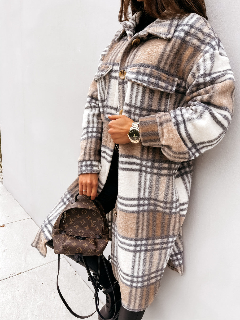 Taste revers casual warme plaid lange woolen mantel - Modefluss