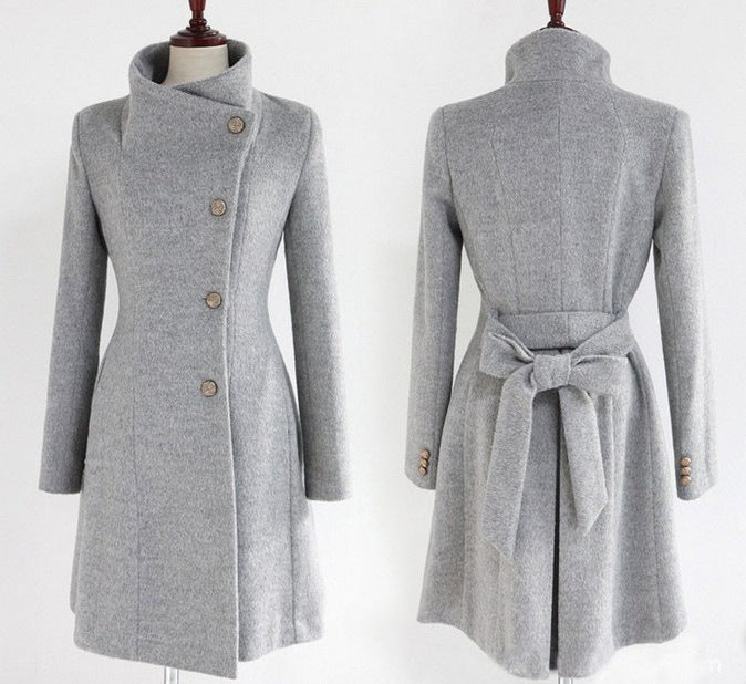 Woolen frauen Mantel Mid Länge Einreiher Belted Woolen Mantel - Modefluss