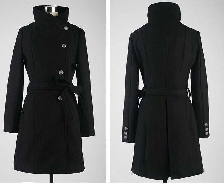 Woolen frauen Mantel Mid Länge Einreiher Belted Woolen Mantel - Modefluss