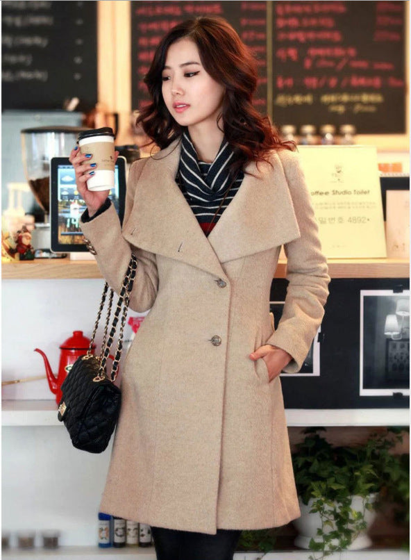 Woolen frauen Mantel Mid Länge Einreiher Belted Woolen Mantel - Modefluss
