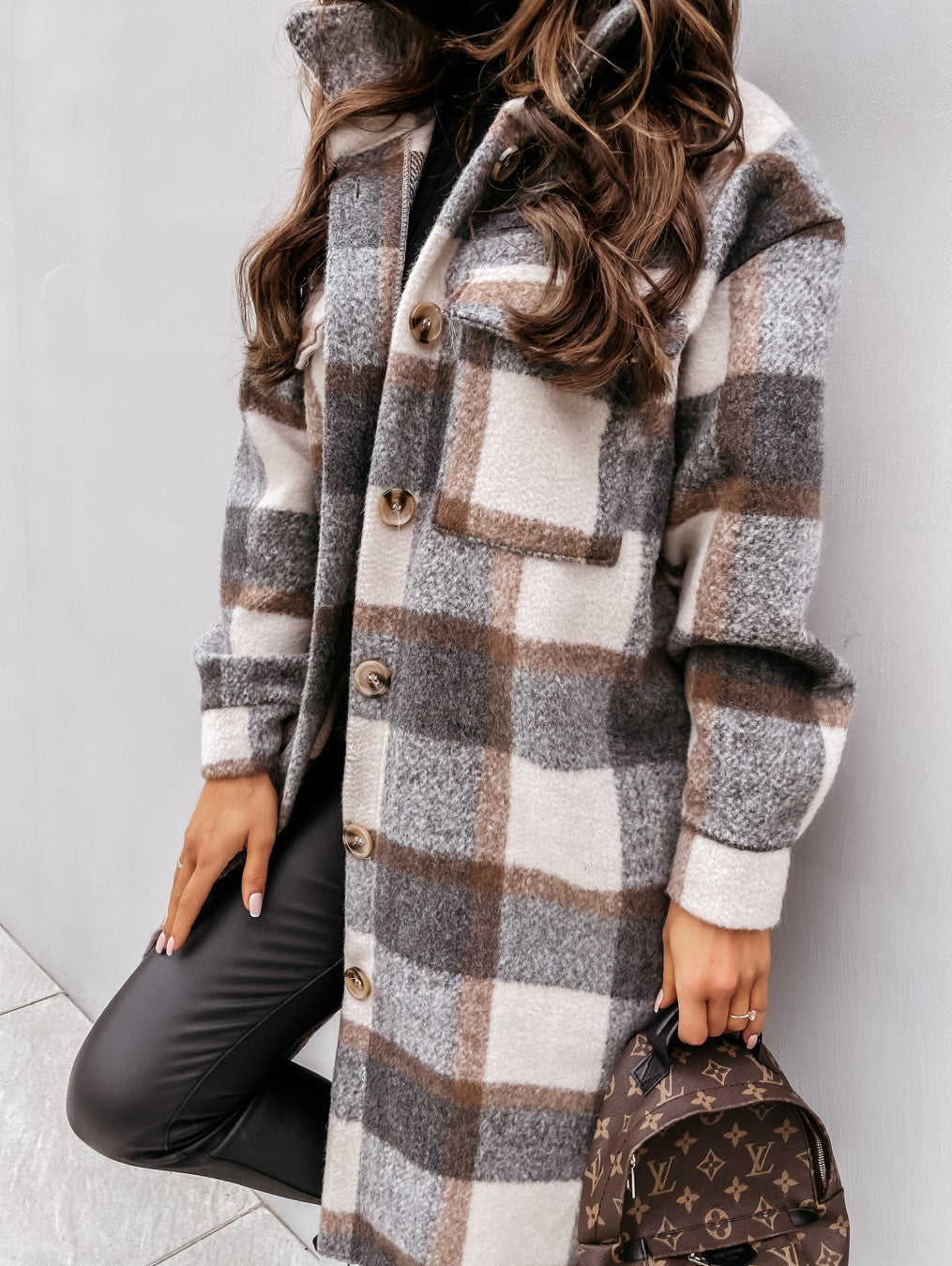 Taste revers casual warme plaid lange woolen mantel - Modefluss