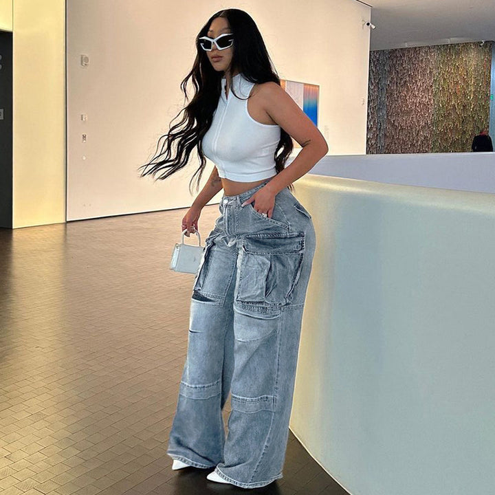 Gerade Jeans mit hoher Taille für Damen große Taschen-Nähte - Modefluss