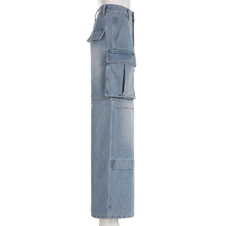 Gerade Jeans mit hoher Taille für Damen große Taschen-Nähte - Modefluss