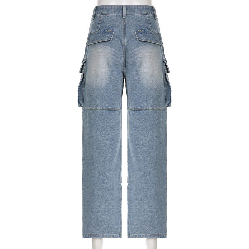 Gerade Jeans mit hoher Taille für Damen große Taschen-Nähte - Modefluss