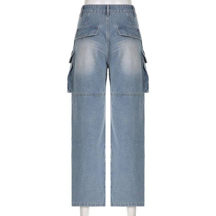 Gerade Jeans mit hoher Taille für Damen große Taschen-Nähte - Modefluss