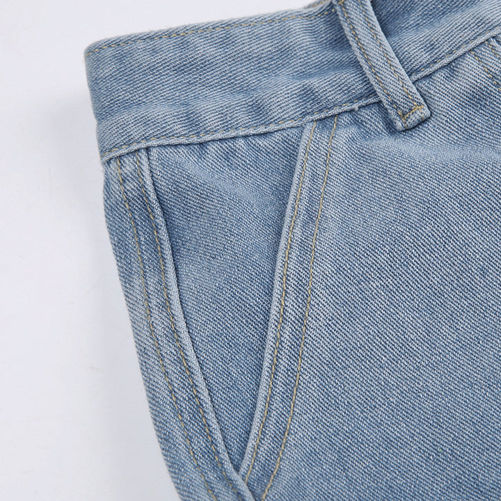 Gerade Jeans mit hoher Taille für Damen große Taschen-Nähte - Modefluss