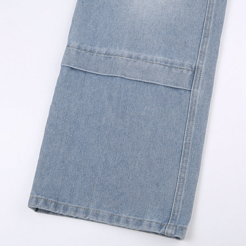 Gerade Jeans mit hoher Taille für Damen große Taschen-Nähte - Modefluss