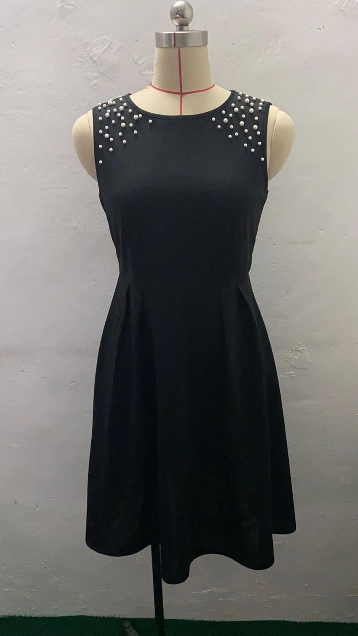 Women's Slim Fitting Round Neck Studded Sleeveless Dress - Modefluss