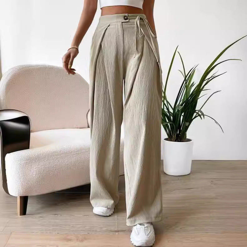 Women's High Waist Drawstring Patchwork Wide-leg Pants Casual Straight Pants - Modefluss