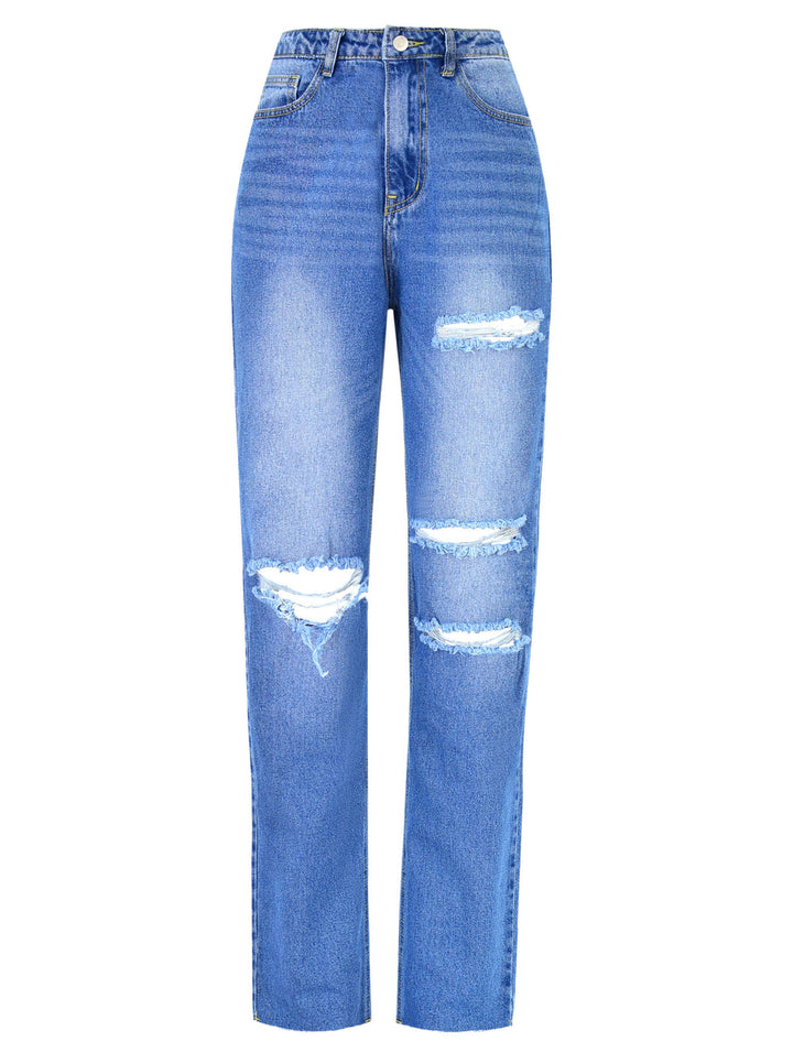 Frauen hohe Taille gerade zerrissene Jeans - Modefluss