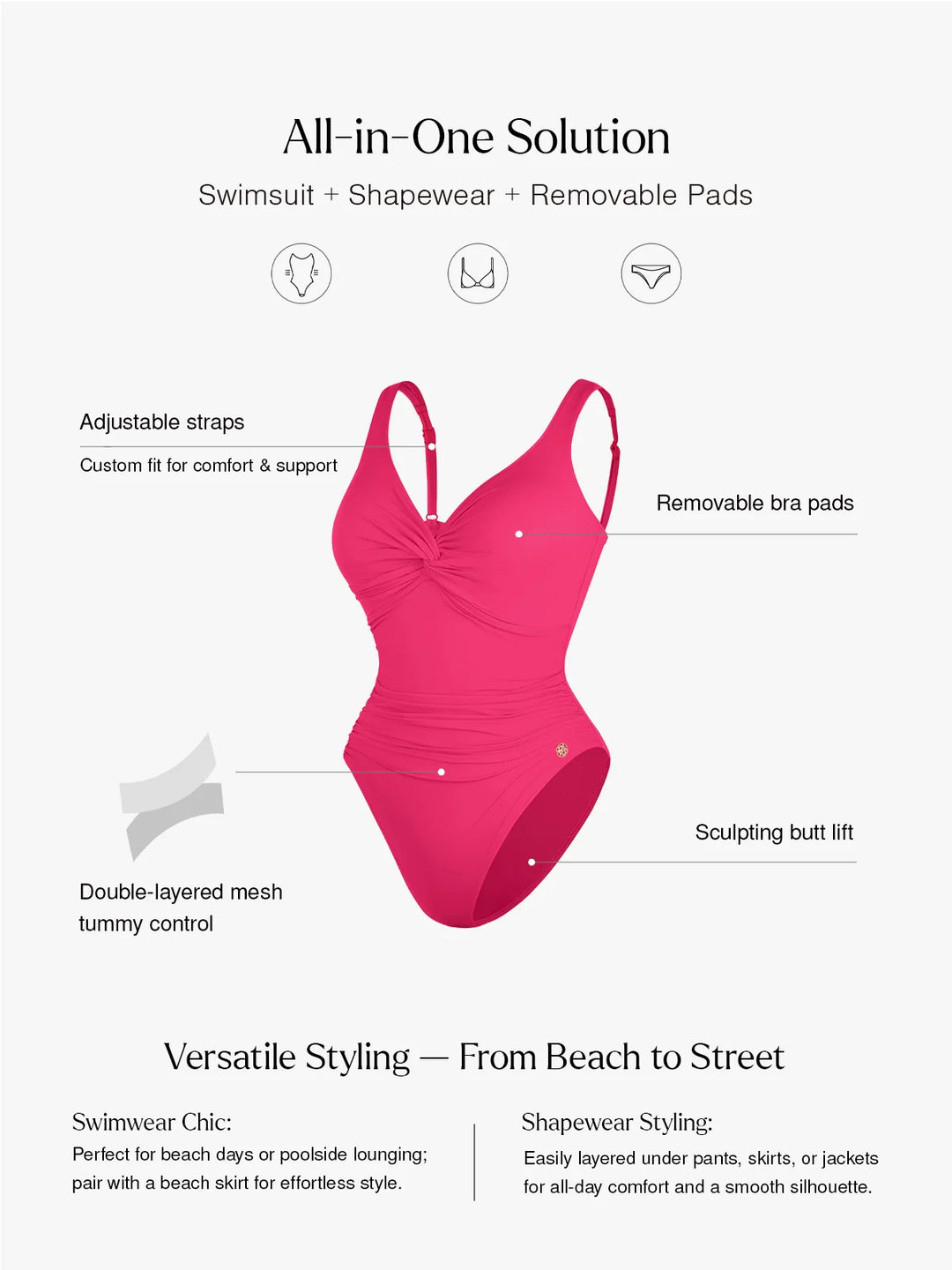 Maillot de bain sculptant à fronces et torsadé sur le devant