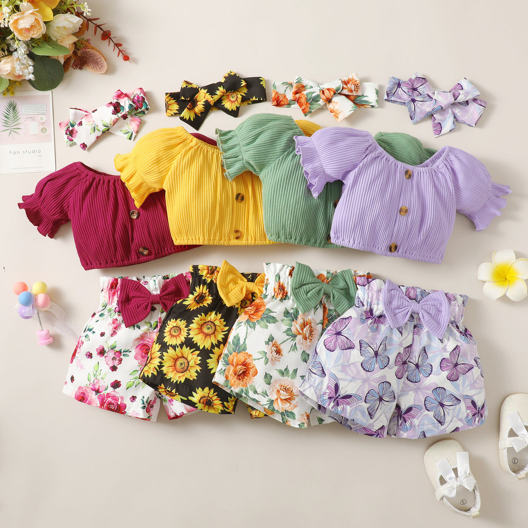 Baby Cute Printed Shorts Suit Short Sleeve T-shirt Pants Headscarf Three-piece Set - Modefluss