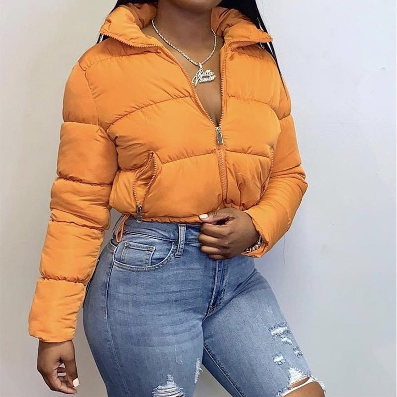 Fashion Short Coat Winter Warm Long-sleeved Stand Collar Zipper Bread Cotton Coat With Drawstring Design Women's Jacket - Modefluss