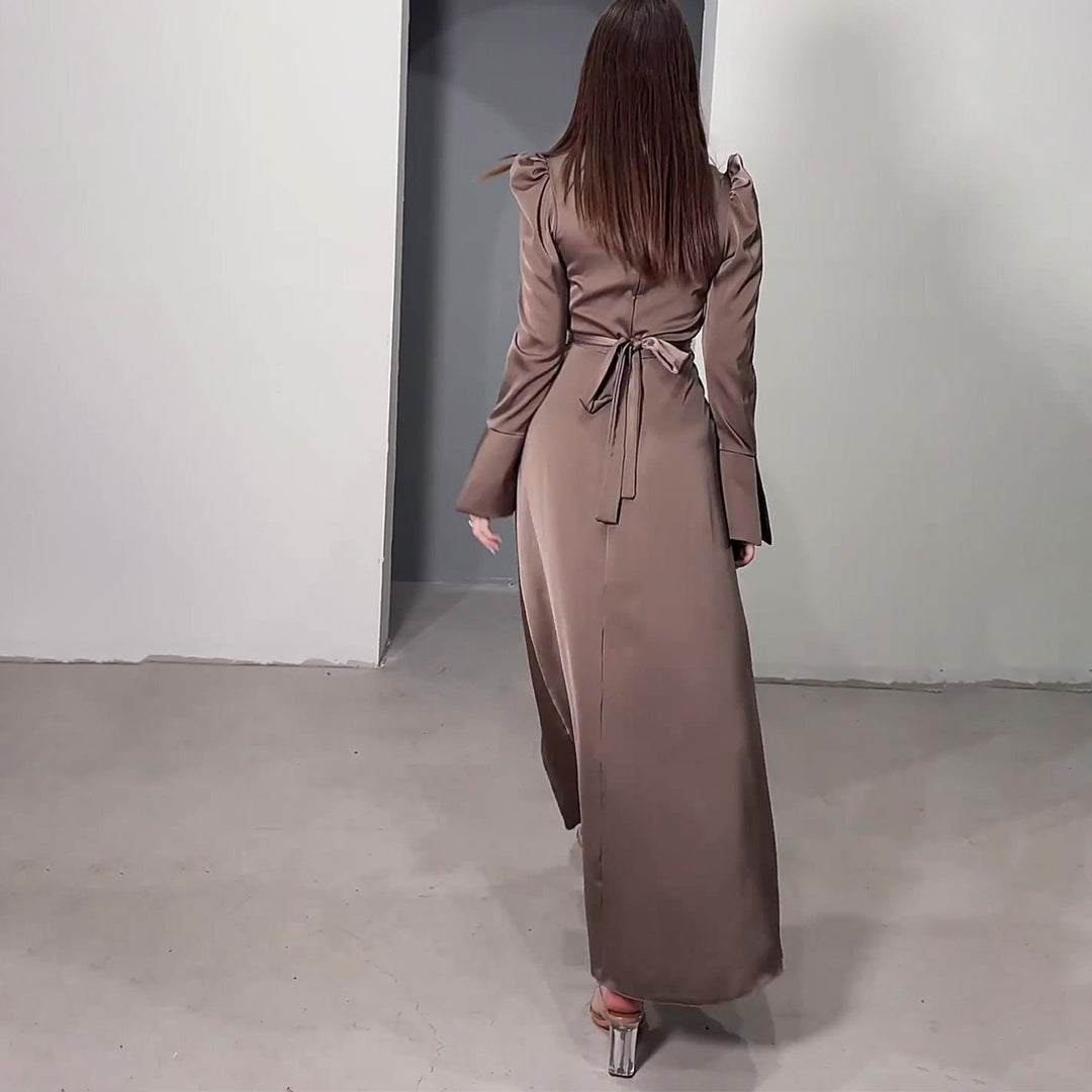 Retro V-neck Puff Sleeve Long Tie Waist-controlled Long Sleeves Dress - Modefluss