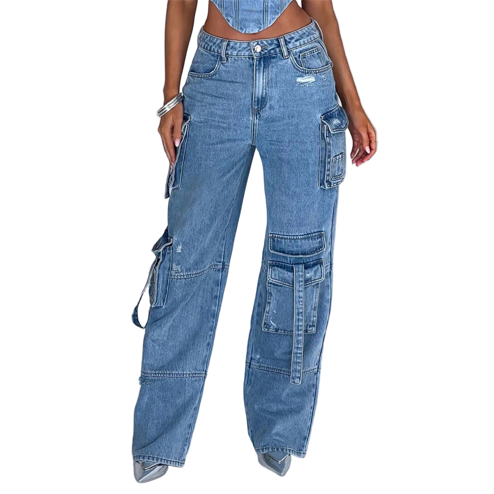 Drei dimensionale Taschen-Stitching-Jeans im amerikanischen Stil mit niedriger Taille - Modefluss