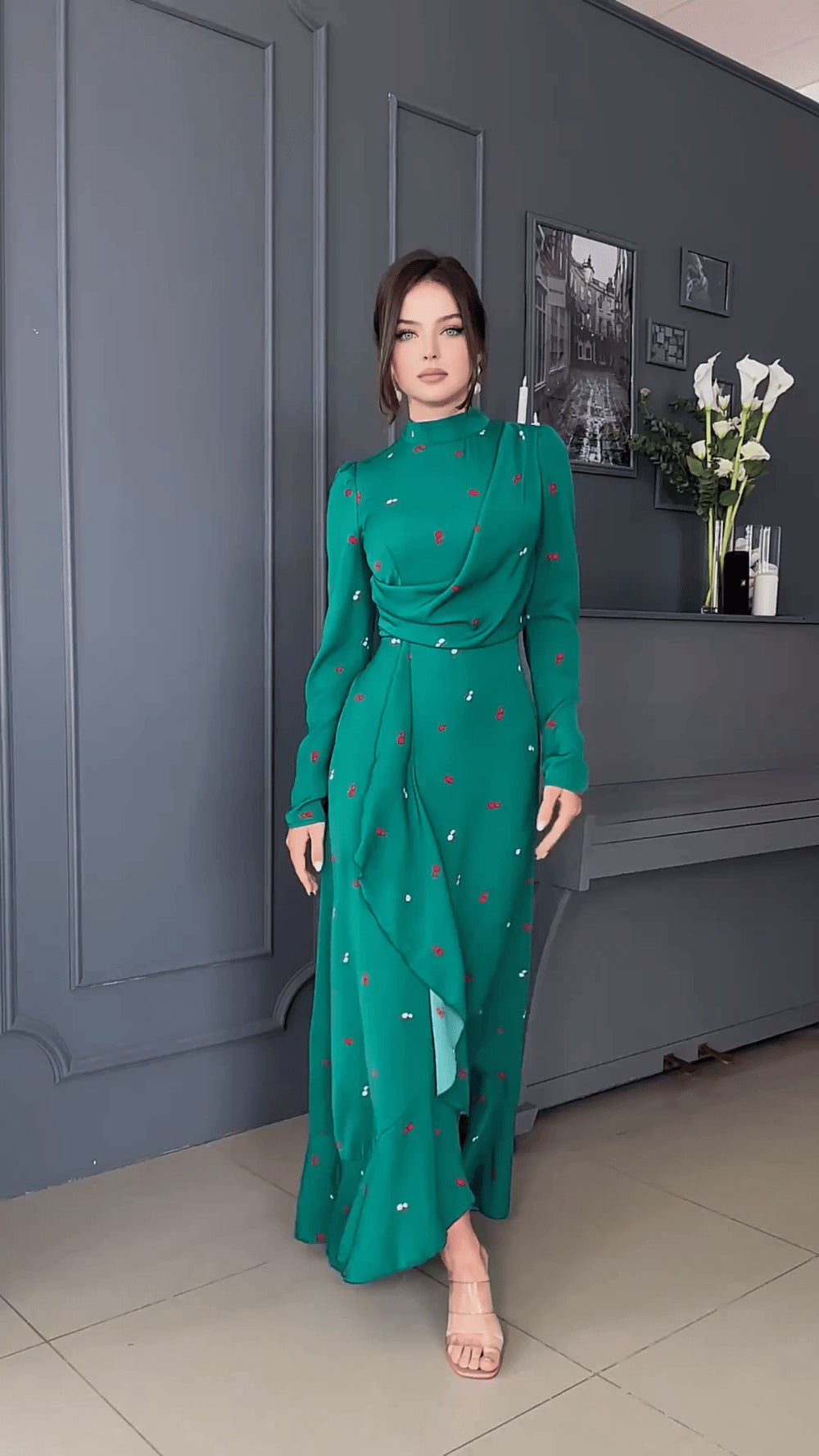 Long Sleeve Slim Fit Ruffled Large Swing Dress - Modefluss