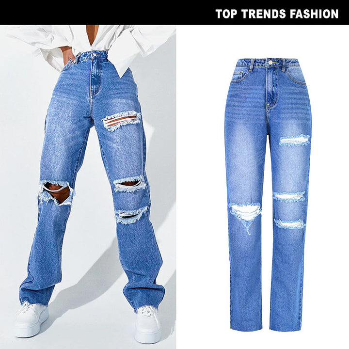 Frauen hohe Taille gerade zerrissene Jeans - Modefluss