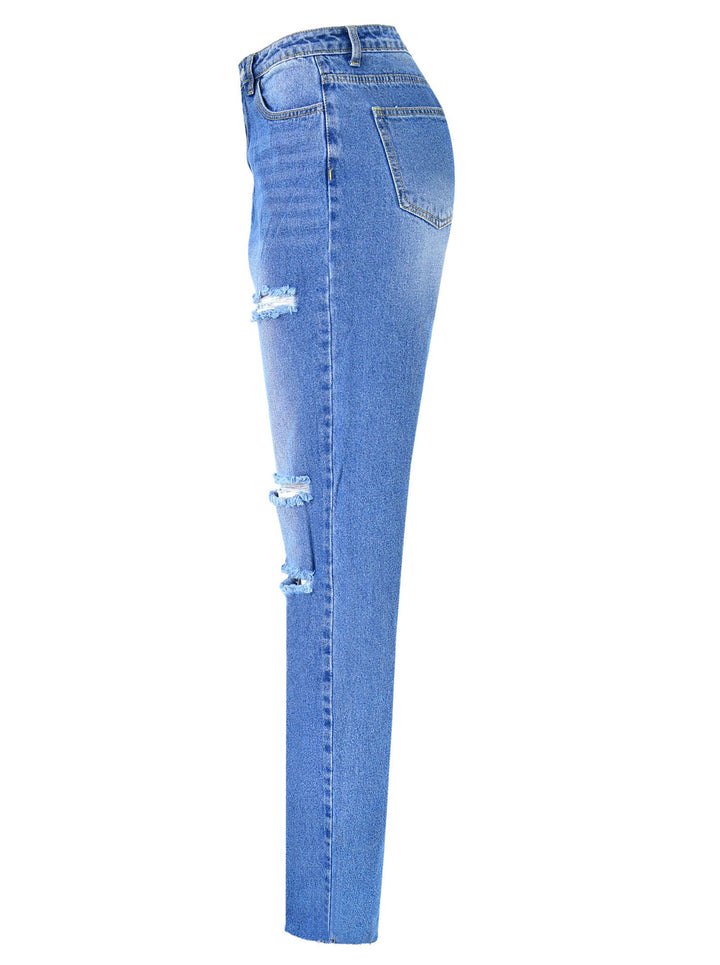 Frauen hohe Taille gerade zerrissene Jeans - Modefluss