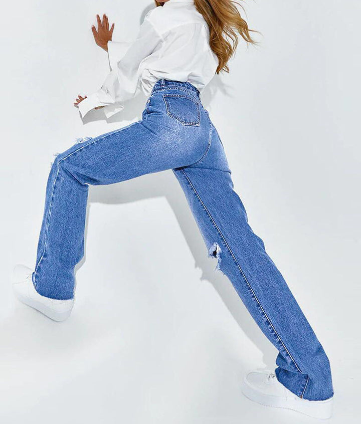 Frauen hohe Taille gerade zerrissene Jeans - Modefluss
