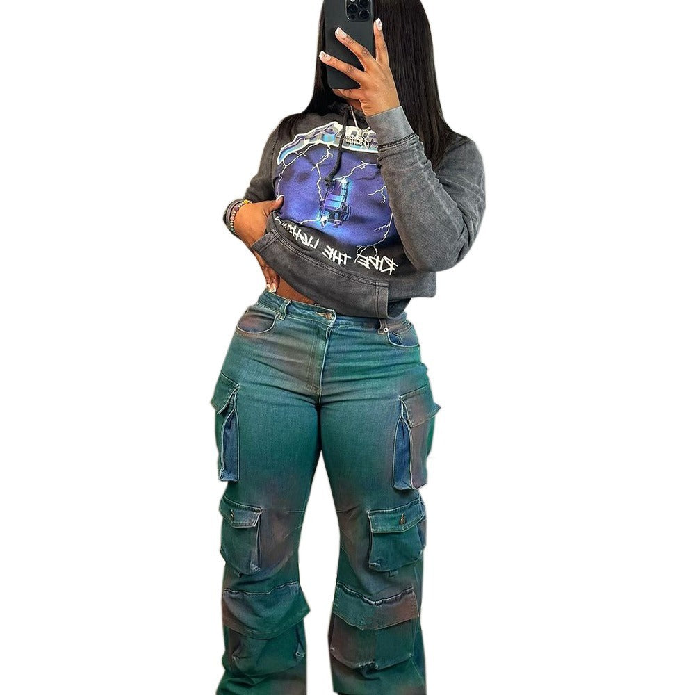 Fashion Personality Trend Multi-pocket Tie-dyed Jeans High Waist Straight Pants - Modefluss