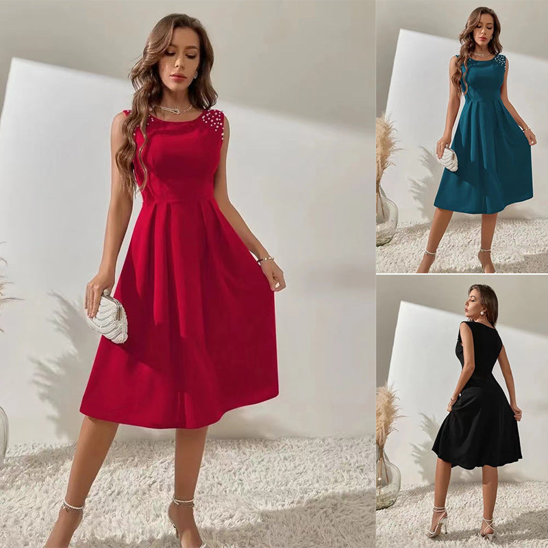 Women's Slim Fitting Round Neck Studded Sleeveless Dress - Modefluss