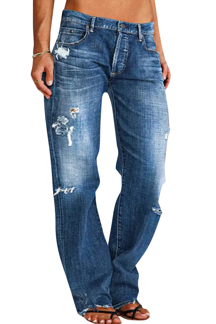Lose Weite Bein Denim Retro gewaschene zerrissene Hose - Modefluss
