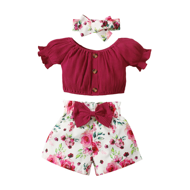 Baby Cute Printed Shorts Suit Short Sleeve T-shirt Pants Headscarf Three-piece Set - Modefluss