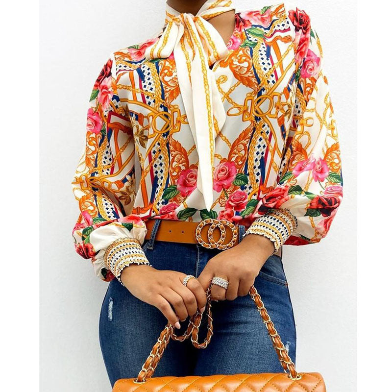 Long Sleeve Printed Top Lace Up Top - Modefluss