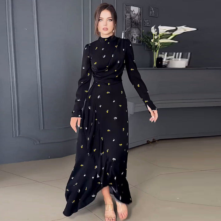 Long Sleeve Slim Fit Ruffled Large Swing Dress - Modefluss