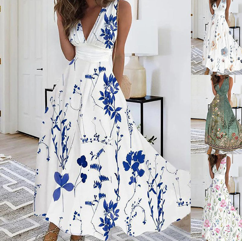 Women's Summer New V-neck High Waist Sleeveless Printed Vest Dress - Modefluss