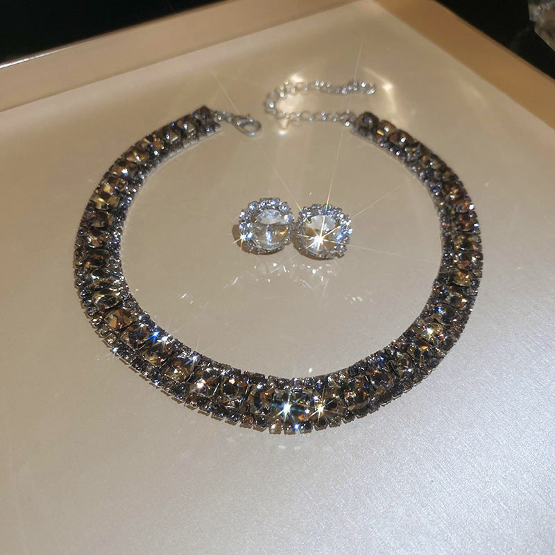 Diamond-embedded Square Earrings Necklace Special Interest Light Luxury Elegant High-grade Clavicle Chain - Modefluss